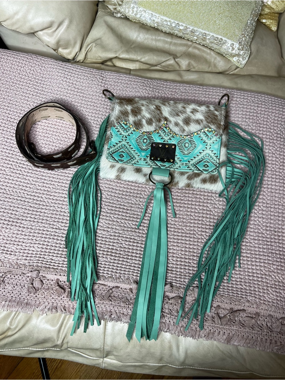 Keep It Gypsy Cowhide Turquoise Fringe Upcycled LV Crossbody Bag